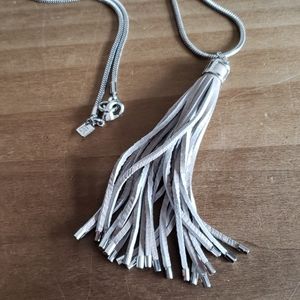 Banana Republic White Leather Tassel Necklace Silver Tone Metal